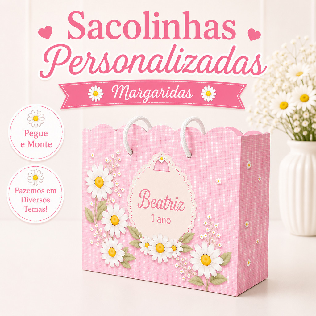 Sacola Personalizada Margarida Aniversário | Diversos Temas | Lembrancinha Festa Infantil | Papel Fotográfico