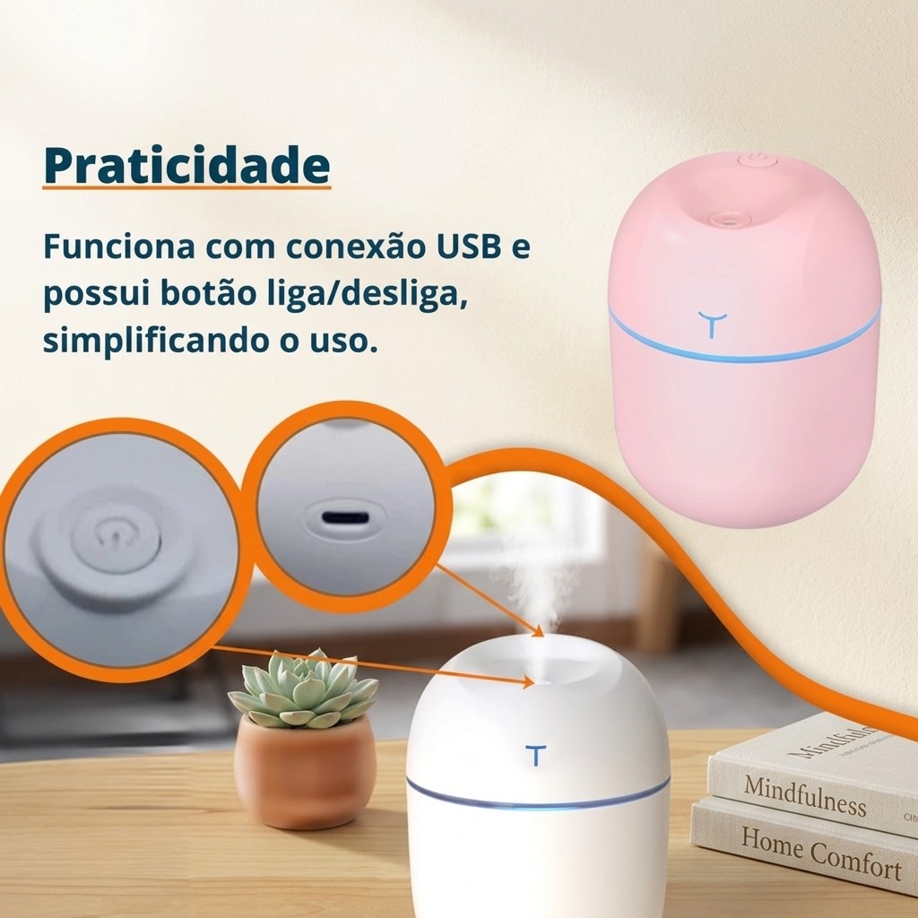Difusor De Ar E Umidificador Veicular Usb Aromatizador Para Carro Com Luz Colorida Led Mini Purificador 220ml