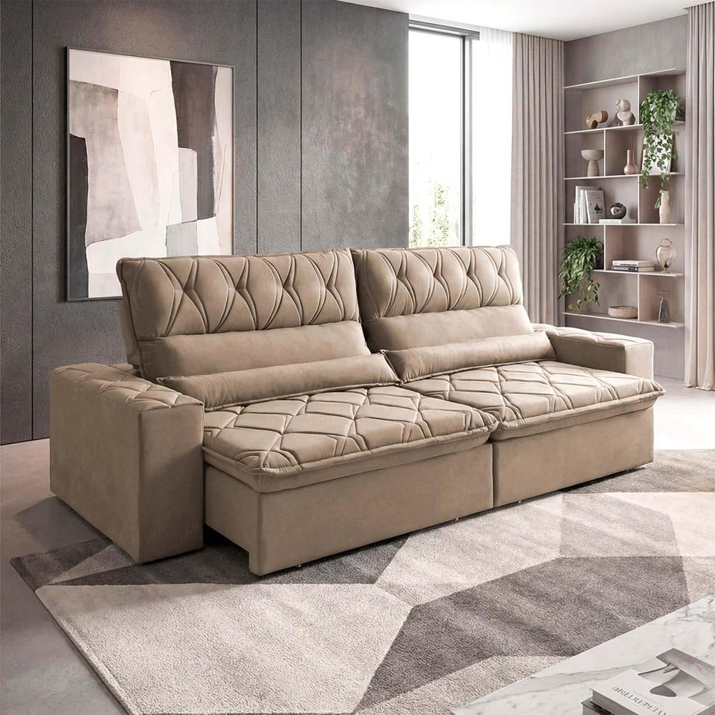 Sofá Retrátil/Reclinável França 3,00m Suede Velut Bege c/ Molas no Assento - King House