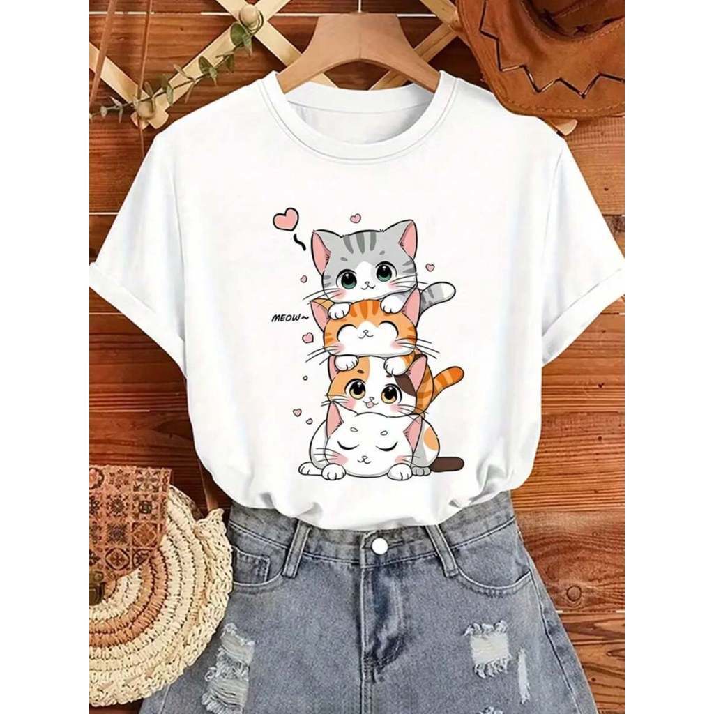 Camiseta feminina meow Gatinhos Fofo algodão confortável moda casual blogueirinha Blusinha T-Shirt Camisa