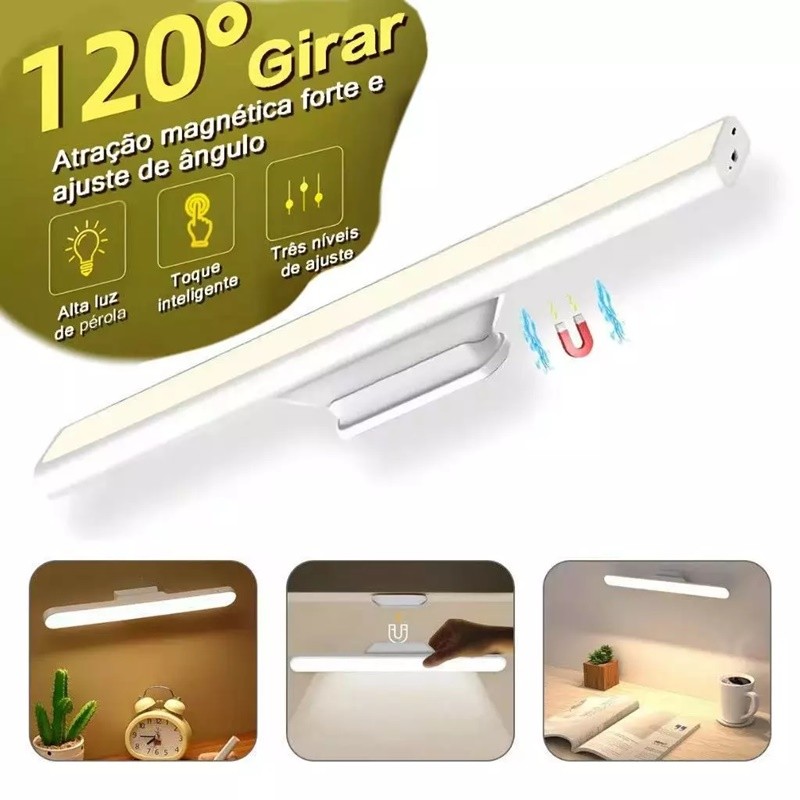 Luminária Inteligente Recarregável LED Touch e Magnética Recarregável USB 3 Cores e Proteção Os Olhos Luz AIRER.BR