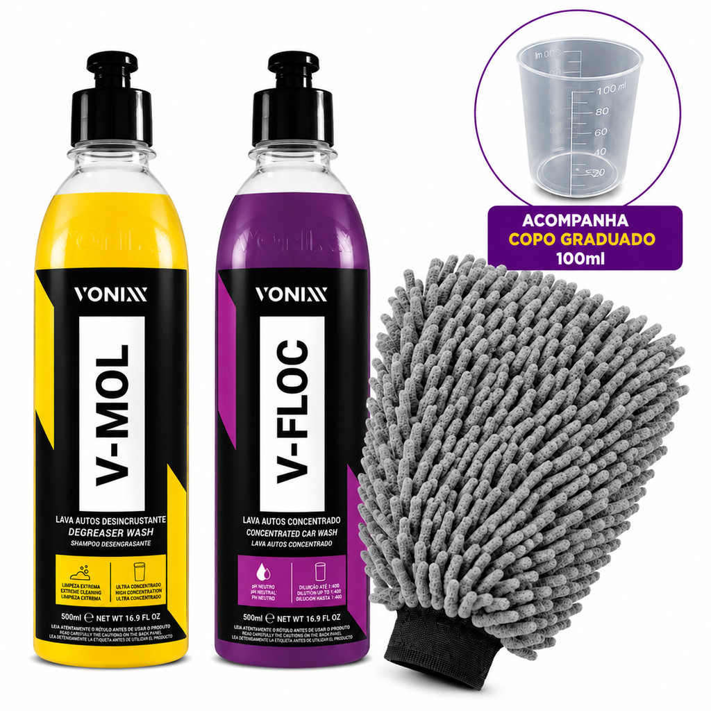 Kit Lavagem Automotiva Vonixx V-Floc 500ml V-Mol 500ml Luva Microfibra Shampoo Carro Moto