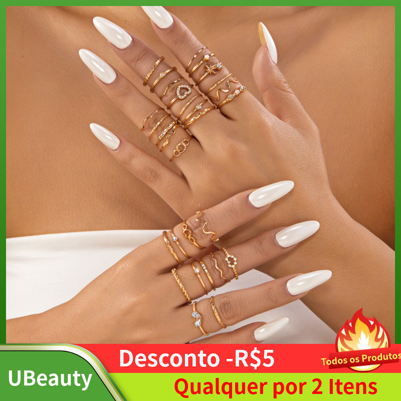 28 Anéis para Mulheres, Conjunto de Anéis em Forma de Coração com Diamantes, Conjunto de Anéis em Ouro e Prata