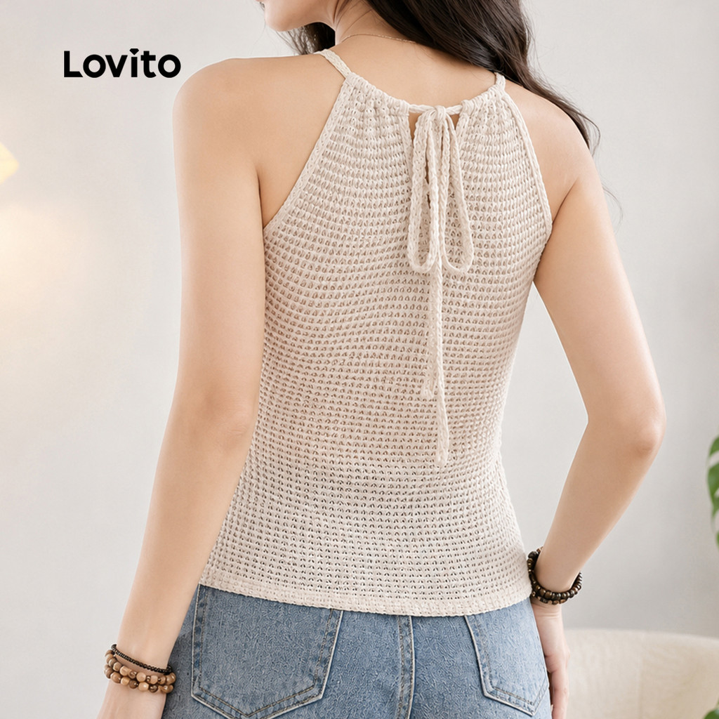Lovito Top Boho com Babado No Decote e Amarração Nas Costas Lazer Primavera/verão Damasco para Mulheres TKB202P2D183 · foto 2