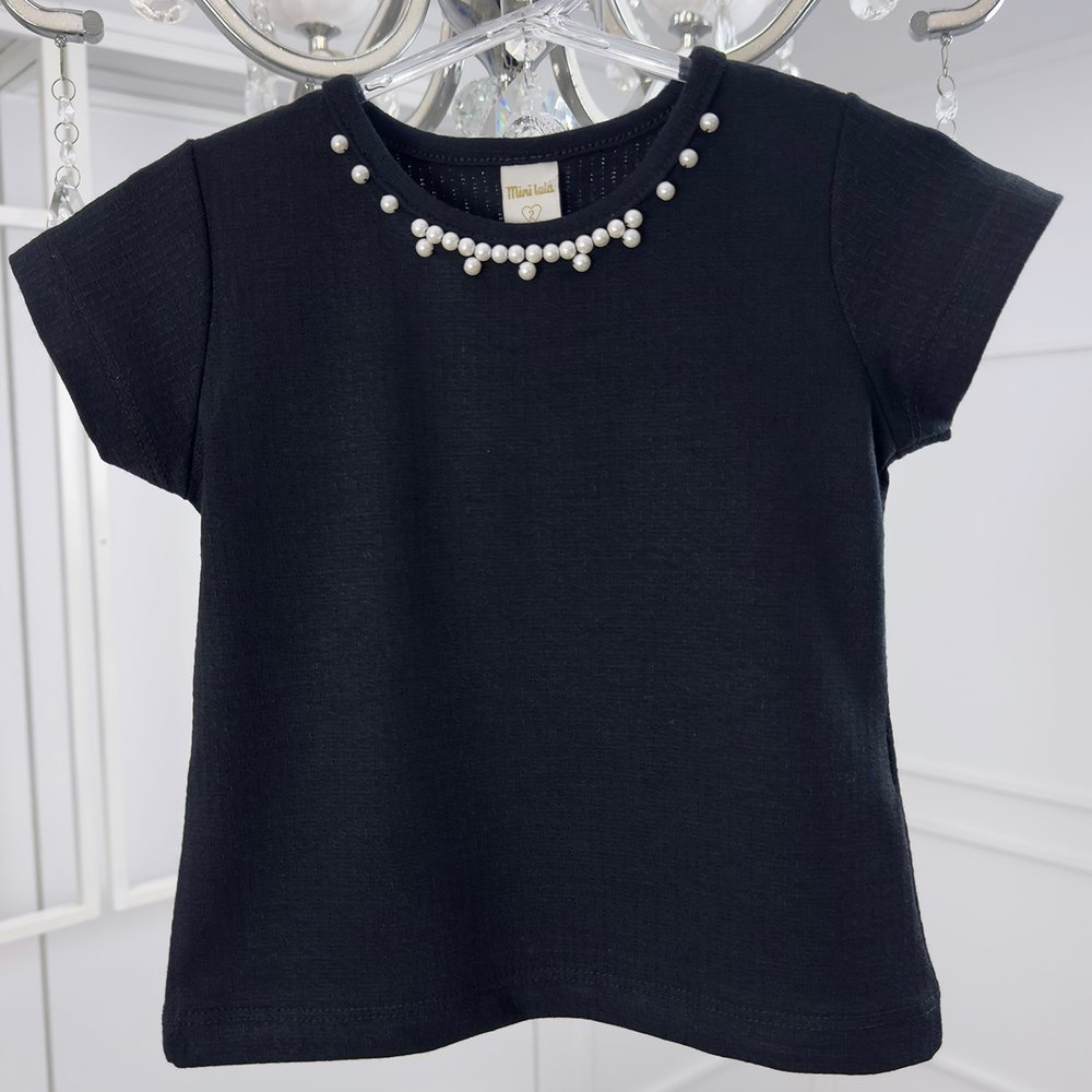 Blusa Menina infantil manga curta pérolas bordadas preta