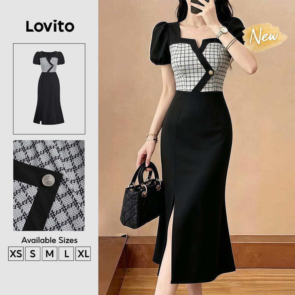 (New Arrival) Lovito Vestido Elegante Preto de Primavera/verão Vestido Feminino com Botão Falso 2 em 1 com Blocos de cor DRB201P1D341