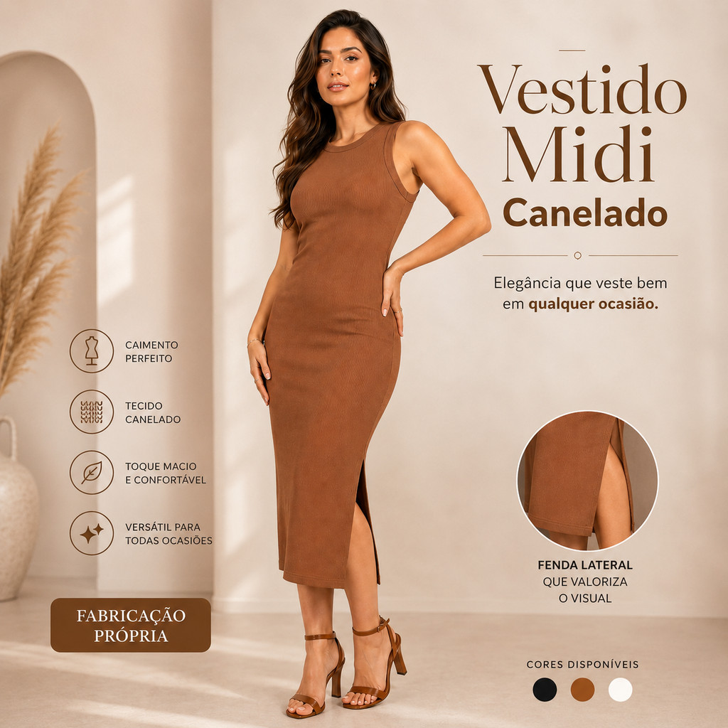 Vestido Midi Regata Feminino Ribana Canelada Confortável, Elegante e Versátil
