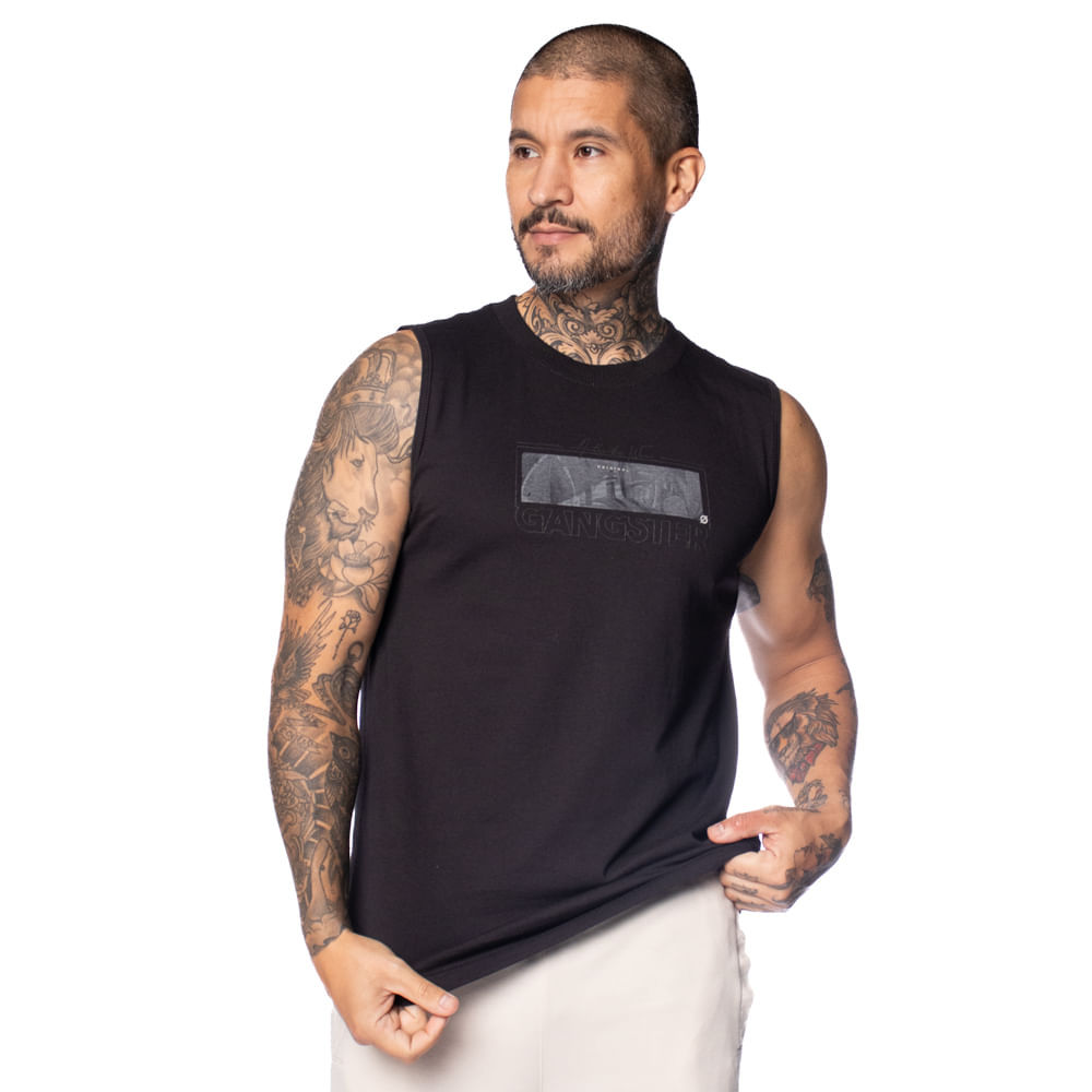 Regata Masculina Gangster Estampa Emborrachada Preto