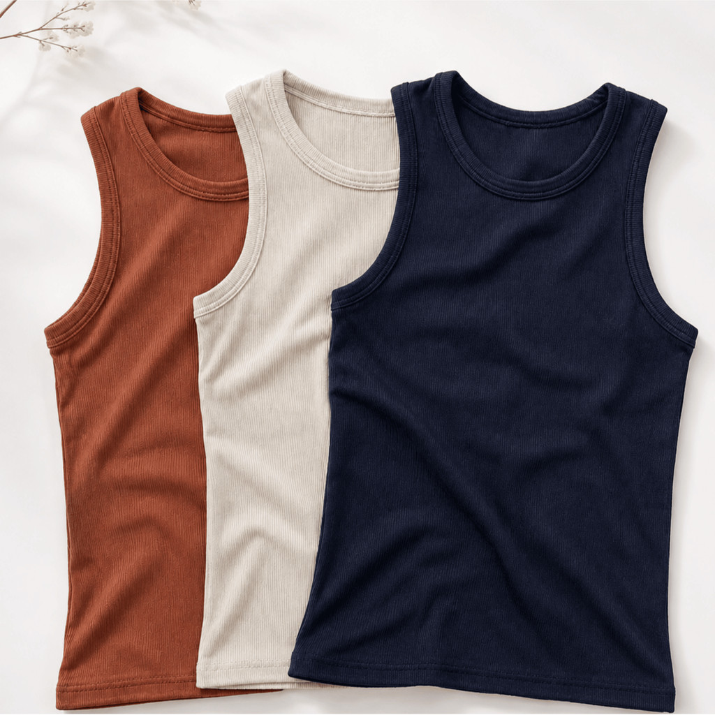 Kit 3 Regatas Femininas Ribana Canelada Básica com Elastano Confortável e Elegante Casual