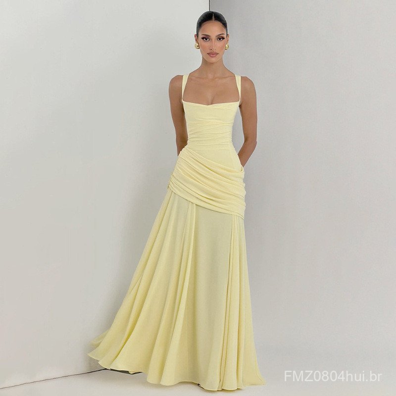 Saia Longa Feminina de Cor Sólida com Decote Baixo e Cintura Plissada com Suspensório, Vestido Sem Costas 6QR5 PRA4 RH4K