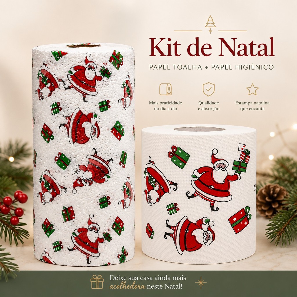 Kit De Natal Papel Toalha + Papel Higiênico Decorativo Com Estampas Divertidas Natalinas