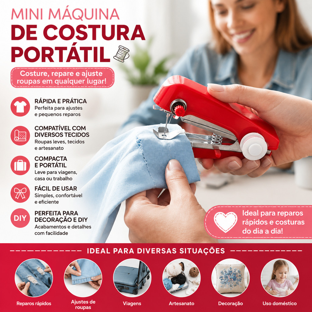 Mini máquina de costura manual portátil de corte reto, ideal para reparos rápidos, costura em tecido, costura para viage