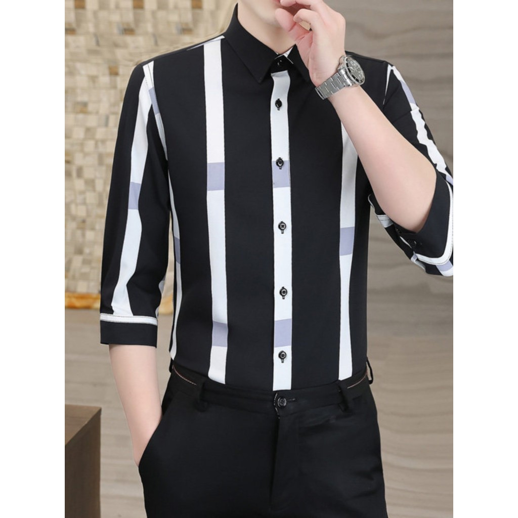 Roupas masculinas de verão gelo seda estiramento listrado camisa de manga média roupas masculinas versão coreana magro-a