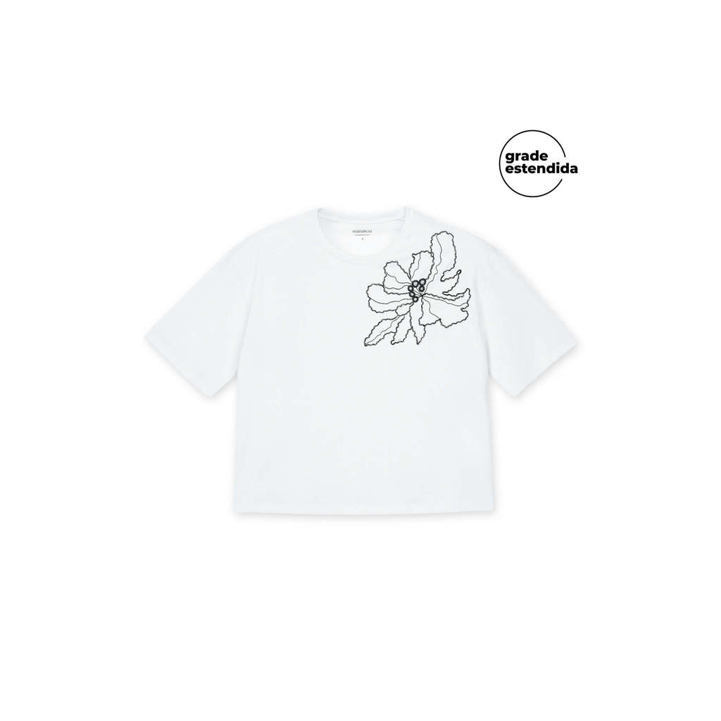 T-Shirt Feminina Bordado Floral Marialícia Branco