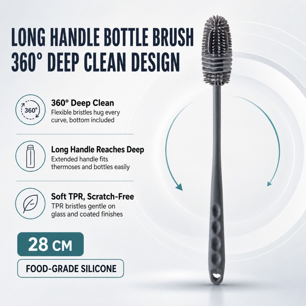 Escova De Garrafa De Silicone Com Cabo Longo , 360 Graus , Limpeza Profunda , Cerdas TPR Macias , Lavadora De Copo Sem A