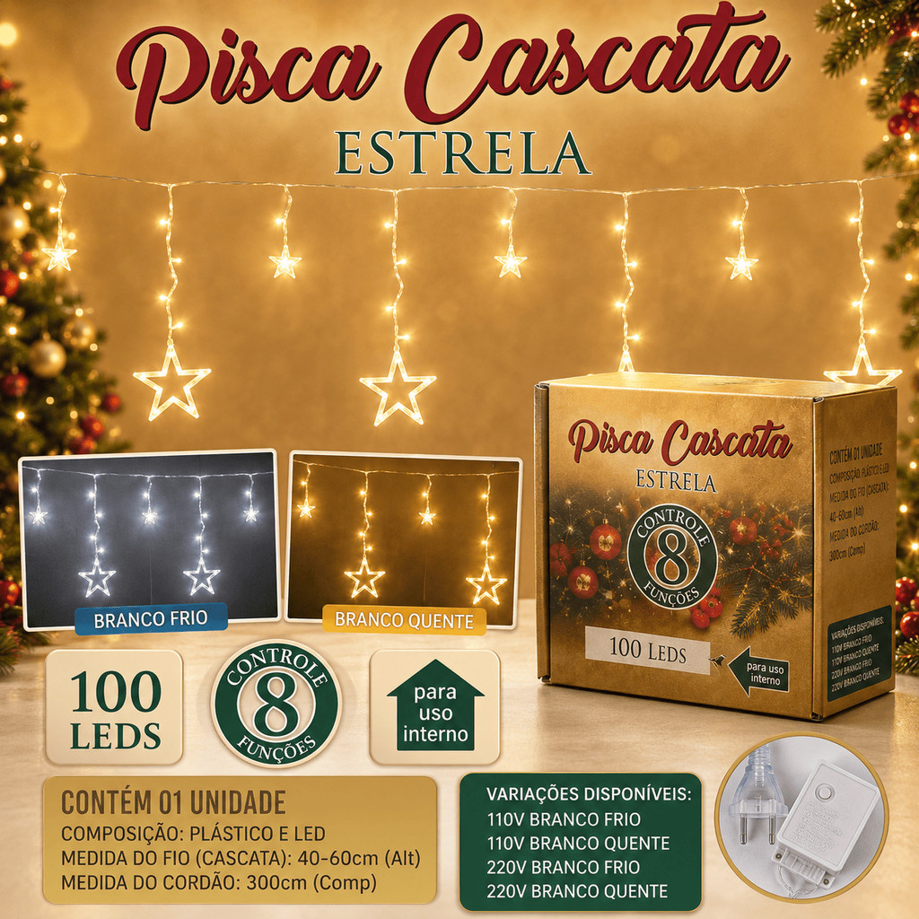 Cascata Estrela Pisca Pisca 100 LEDs 8 Funções 110V 220V Branco Quente Frio Luz de Natal Decoração Natalina Interna