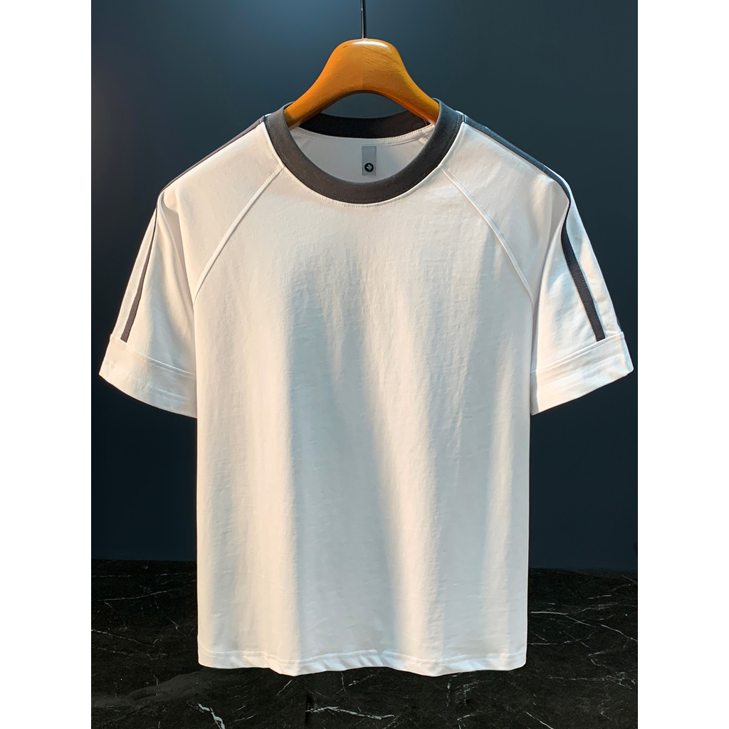Verão novo estilo camiseta masculina branco listrado manga Raglan camiseta na moda pesado solto tamanho grande de manga 