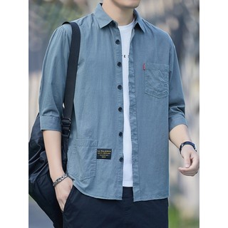 7 camisa de manga de três quartos masculina de meia-idade juventude verão puro algodão camisa de manga média Casual solt