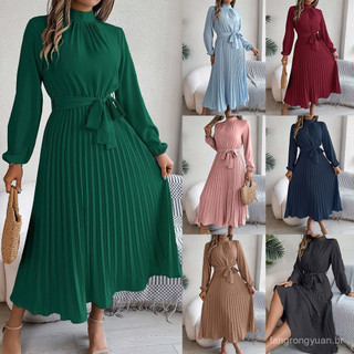Vestido Longo Elegante de Outono Inverno 2025 com Gola Alta, Mangas Compridas, Cintura Plissada, Vestido de Moda Feminin