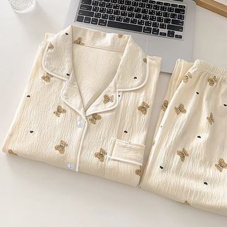 Coreano dos desenhos animados pijamas femininos calças de manga comprida bonito doce primavera outono nuvem algodão Home
