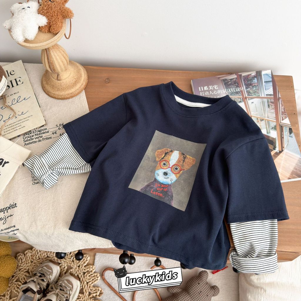 Moda Crianças Meninos Cão Padrão Algodão Manga Longa Camiseta Outono Primavera Bebê casual Macio Falso Duas Peças