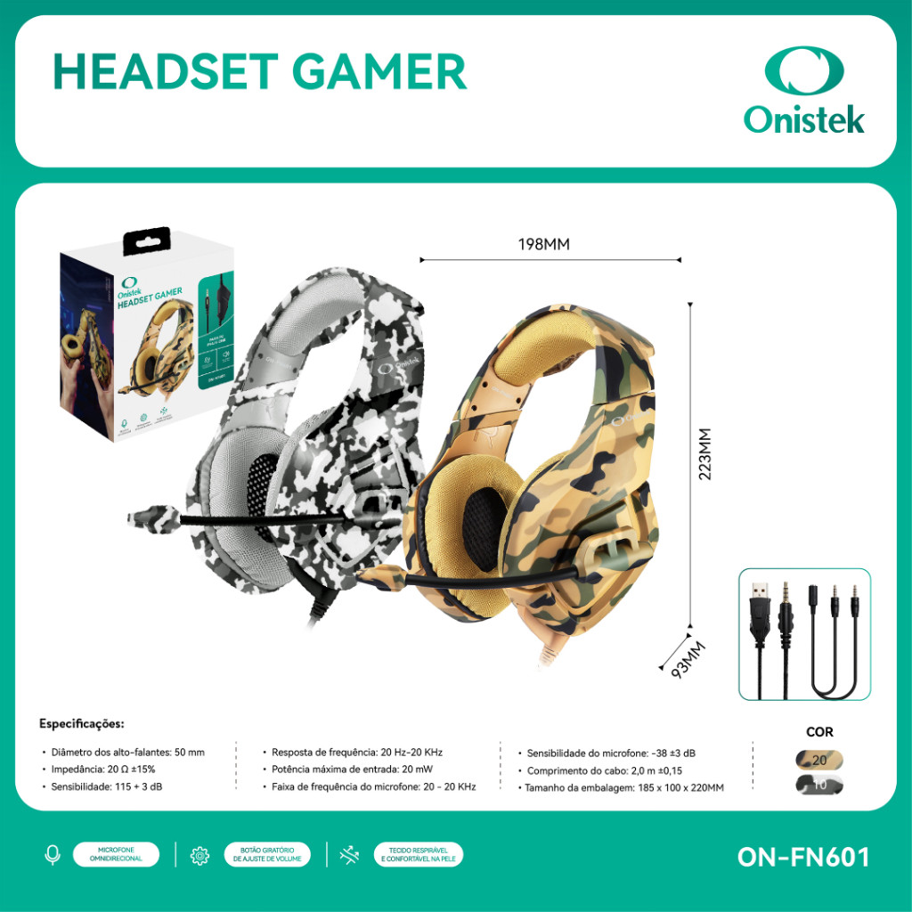 Fone de Ouvido Gamer Onistek ON-FN601 50mm com Microfone Cabo 2m para Notebook — imagem 2 de 2