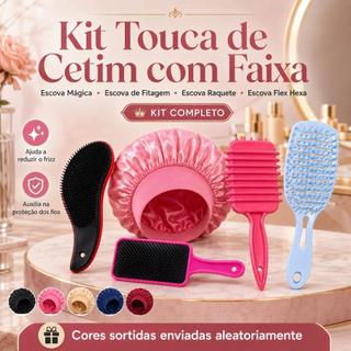 Kit Touca de Cetim com Faixa e 4 Escovas (Mágica, Fitagem, Raquete Flex, Flex Hexa) - Cores Sortidas