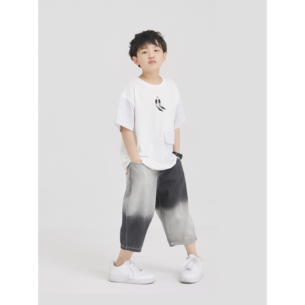 MT Roupas infantis originais japonesas meninos camiseta de manga curta listrada costura bolso impressão crianças verão n