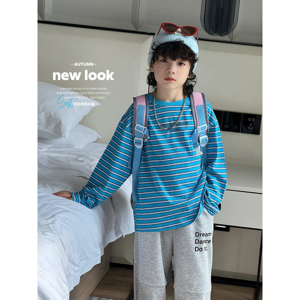 Outono estilo preguiçoso azul listrado manga comprida camiseta crianças solto estilo coreano topo moda menino primavera 