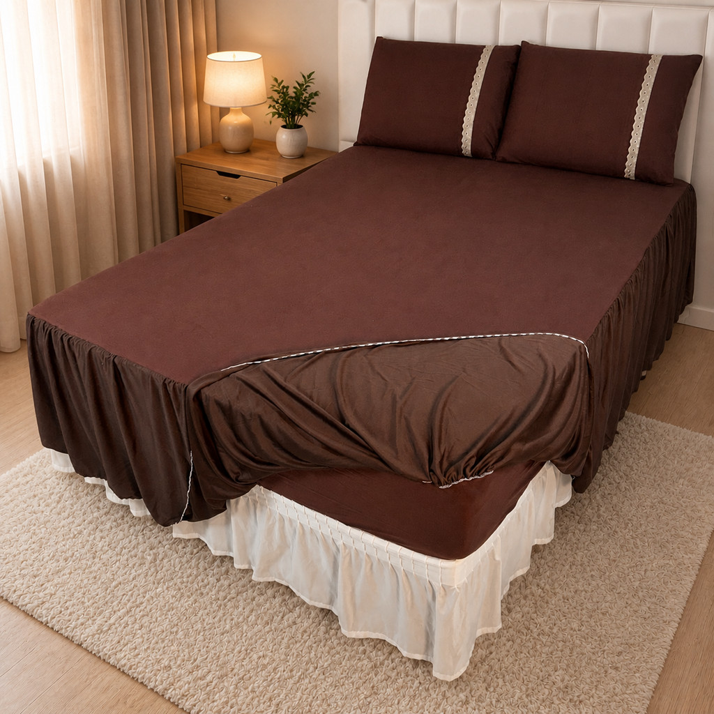 Lençol Colcha Casal Lisa com Babado e Elástico Malha 100% Algodão Kit 3 Peças 2 Fronhas Cama Box Toque Macio Premium