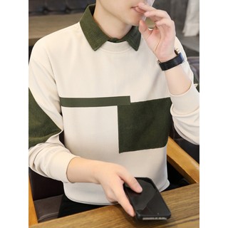 Primavera outono falso moletom de duas peças masculino Casual High-End camisa gola de manga comprida camiseta costura ún