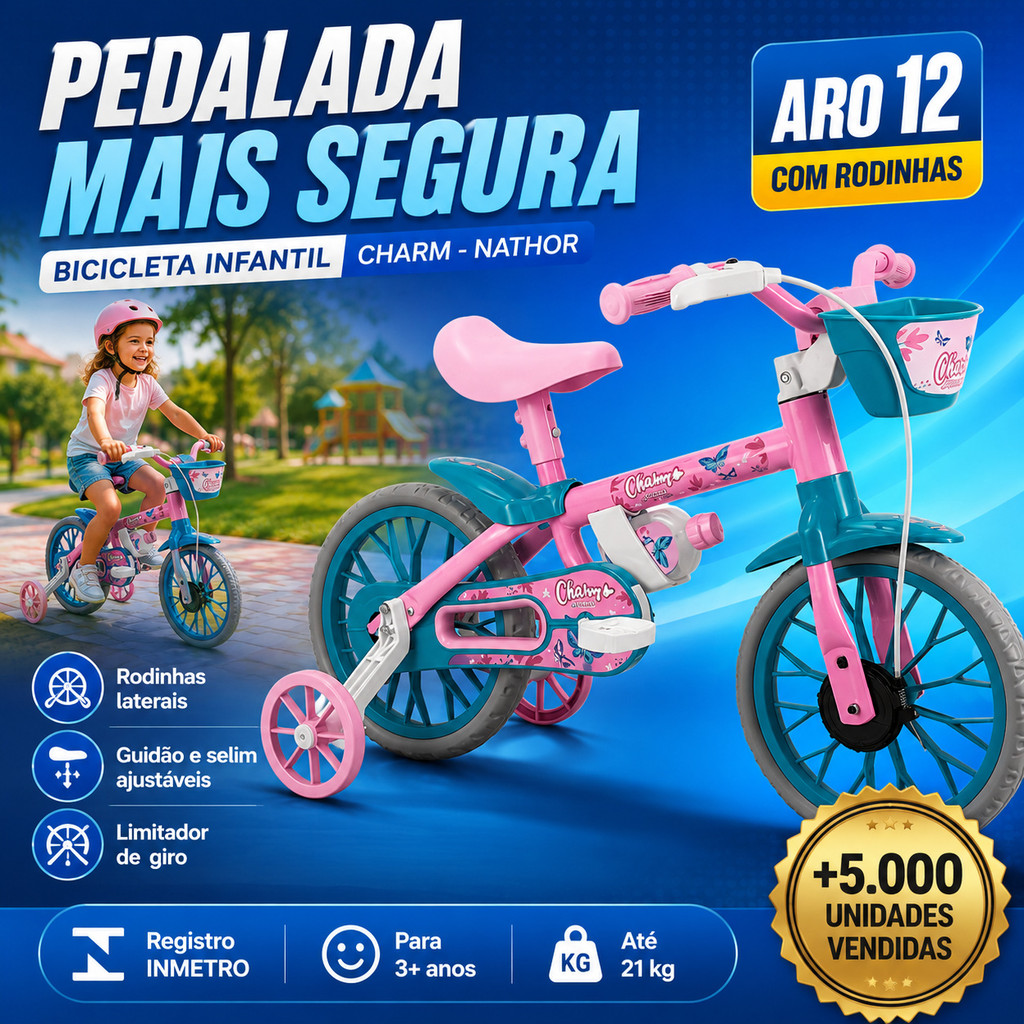 Bicicleta Infantil Menina Nathor Charm Aro 12 C/ Rodinhas Cestinha Garrafinha Crianças Freio Tambor