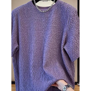 Solto violeta plissado texturizado ombreiras camiseta masculina de manga curta verão Seersucker roupas superiores mascul