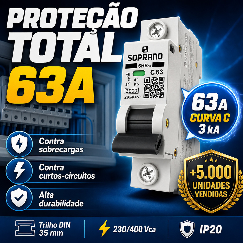 Disjuntor Monopolar 63A Curva C Soprano DIN Original Proteção Elétrica Quadro Residencial SHB GIII