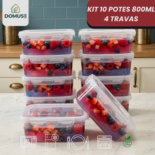 Kit Jogo 10 Potes Marmitas 800ml com 4 Travas Herméticas Transparente sem BPA Freezer Mic…