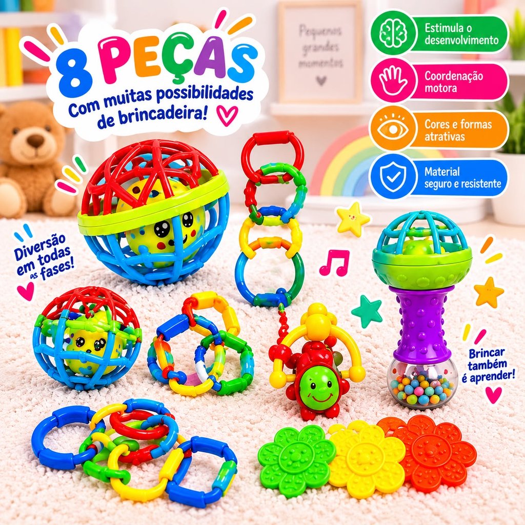 CHOCALHO PARA BEBÊ KIT COM 8 PEÇAS/ MORDEDOR SILICONE MACIO BOLA COLORIDA MENINOS/MENINAS