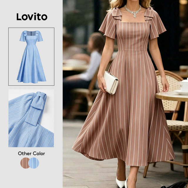 Lovito Listrado Vestido Elegante Zíper Vestido Marrom Primavera/verão para mulheres LBL36080