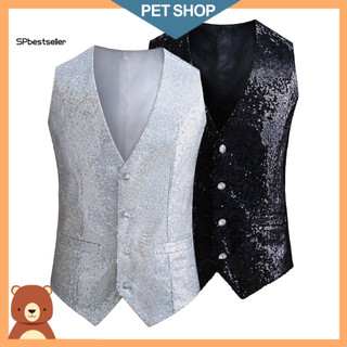 Slim Fit Formal Vest Men Men's Shiny Sequin Sleeveless Waistcoat with Adjustable Back Buckle Single-breasted V Neck for 