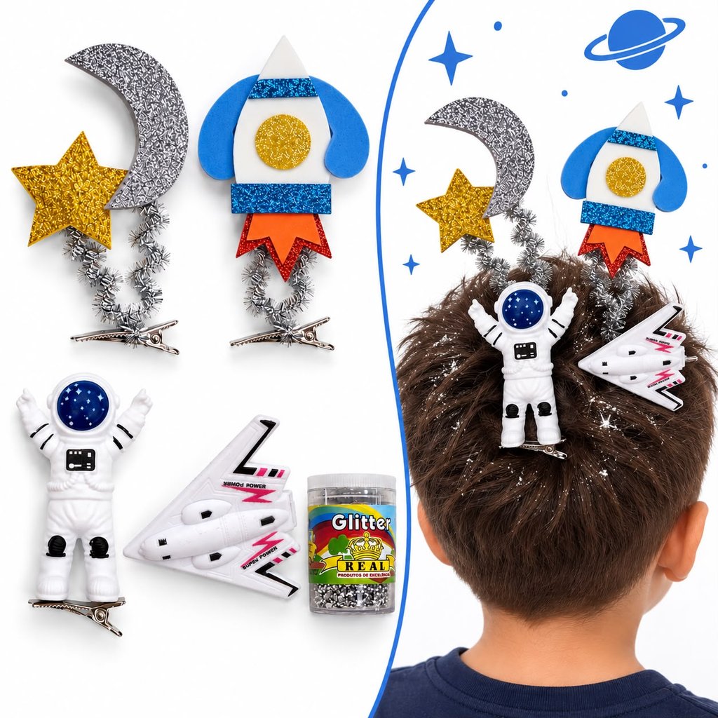 Kit Cabelo Maluco Astronauta Lua Estrela Nave Espacial Com Bico De Pato E Glitter