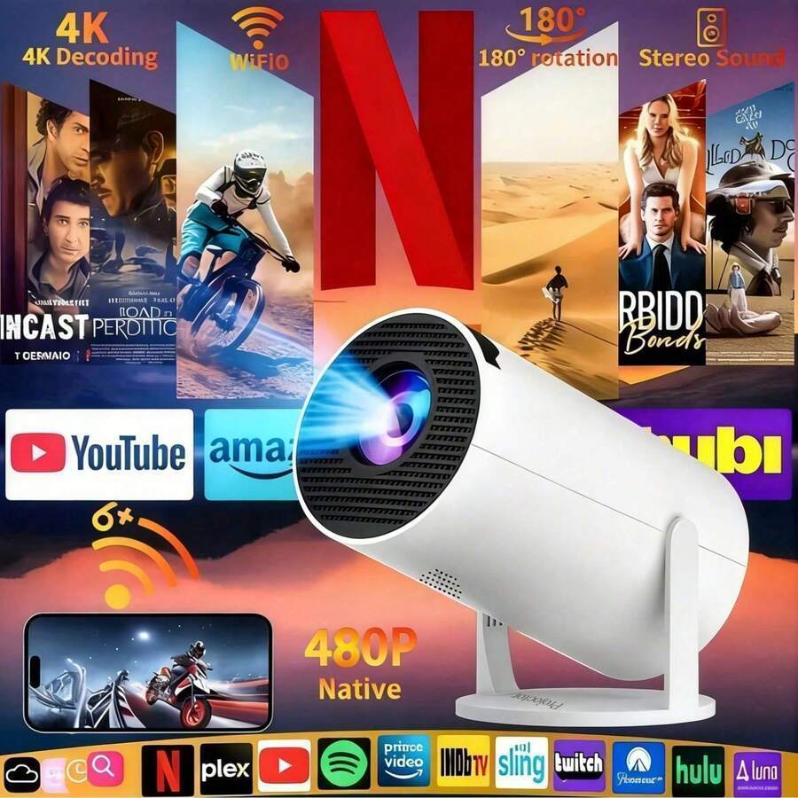 Projetor portátil inteligente, 5.000ANSI Lumens suporta decodificação 4K, correção Trapezoidal automática com foco autom