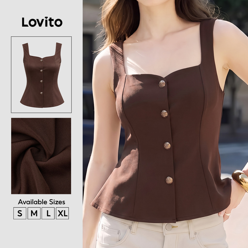 Lovito Elegante Blusa com Botões Frontais Marrom Primavera/verão para mulheres TKK8BR026