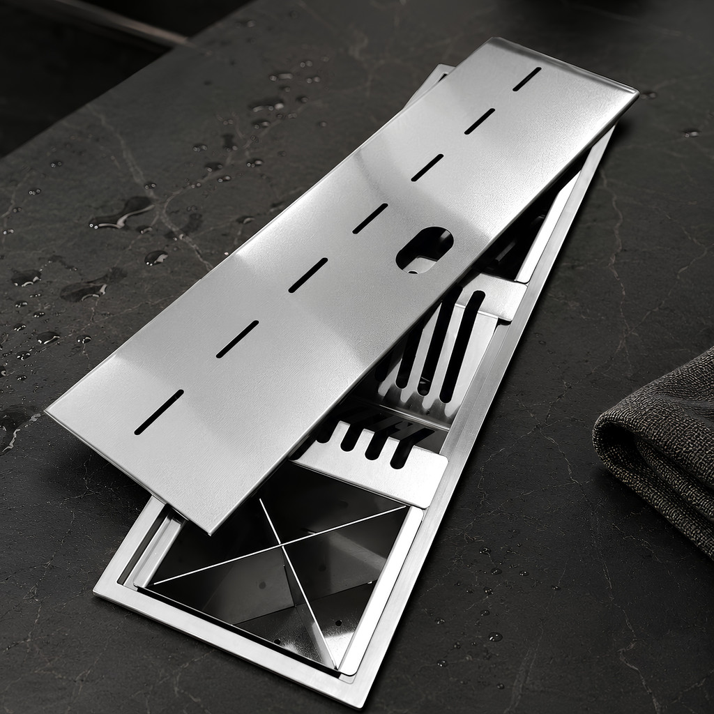 Calha Canal Organizador Úmida de Cozinha Escorredor Com Tampa Gourmet Embutir 60cm Aço Inox Escovado