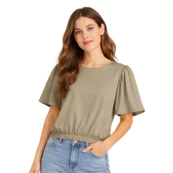 Blusa Feminina Com Franzido Na Manga Infinita Cor Bege