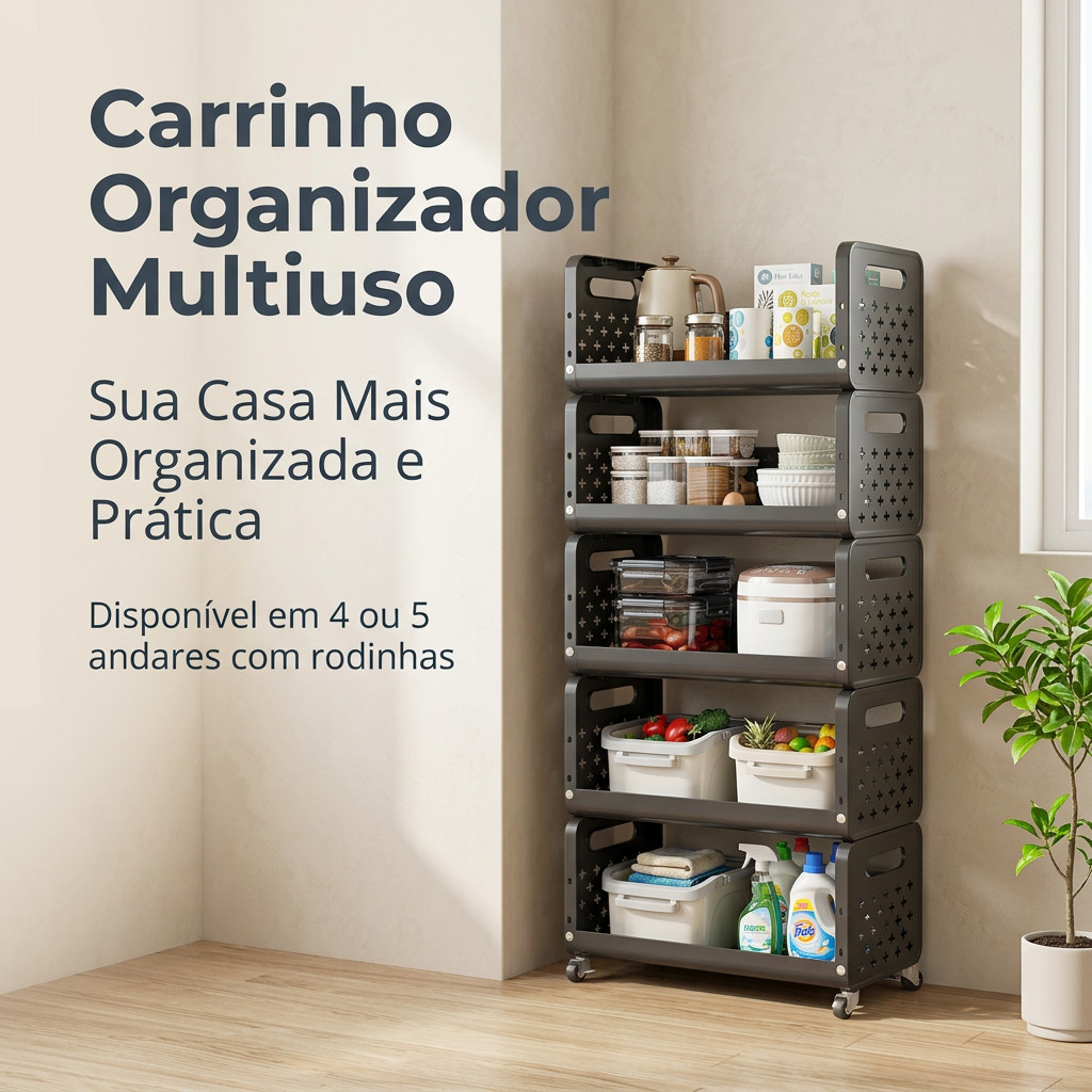 Carrinho Organizador 4 ou 5 Andares com Rodinhas Multiuso Estante Prateleira Cozinha Banheiro Lavanderia