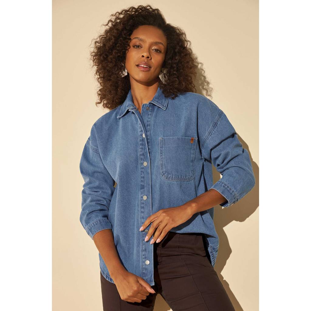 Camisa Feminina Jeans Oversized Marialícia Azul