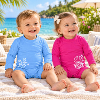 Macacão Curto Bebê Manga Longa Estampado Romper  Proteção Solar UV50+ Poliamida Praia Verão Piscina