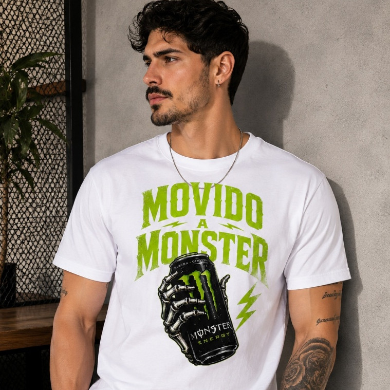 Camiseta Movido a Monster Masculina 100% Algodão Casual Dia A Dia Trabalho Escola Academia Streetwear Moda Diária Treino