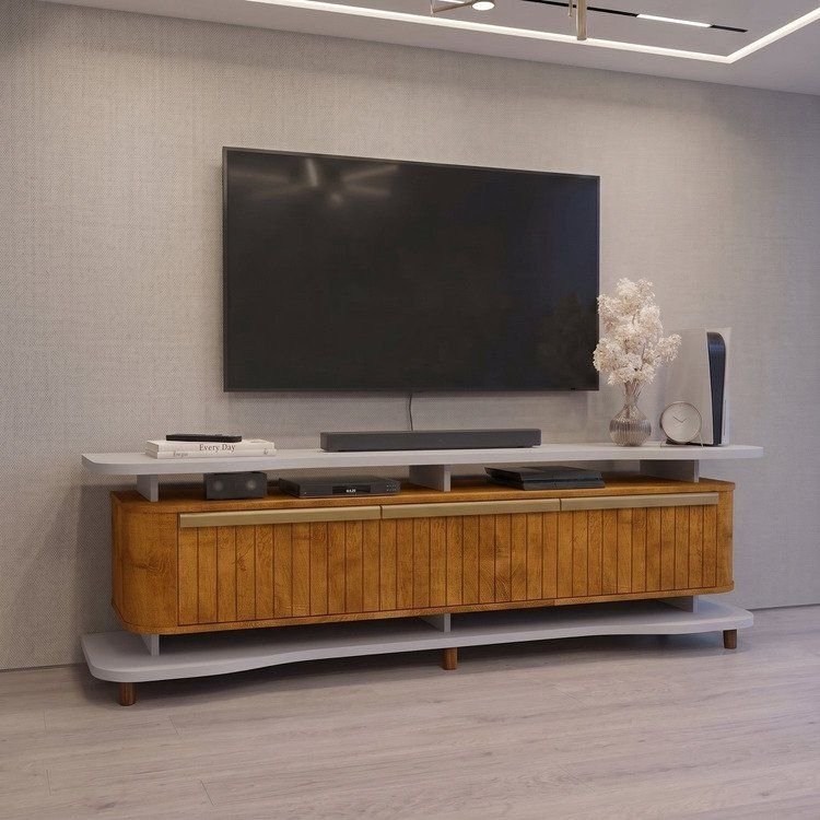 Rack para TV até 75 Polegadas 180cm Pés em Madeira Maciça Guarapari Bege Off White/Naturalle