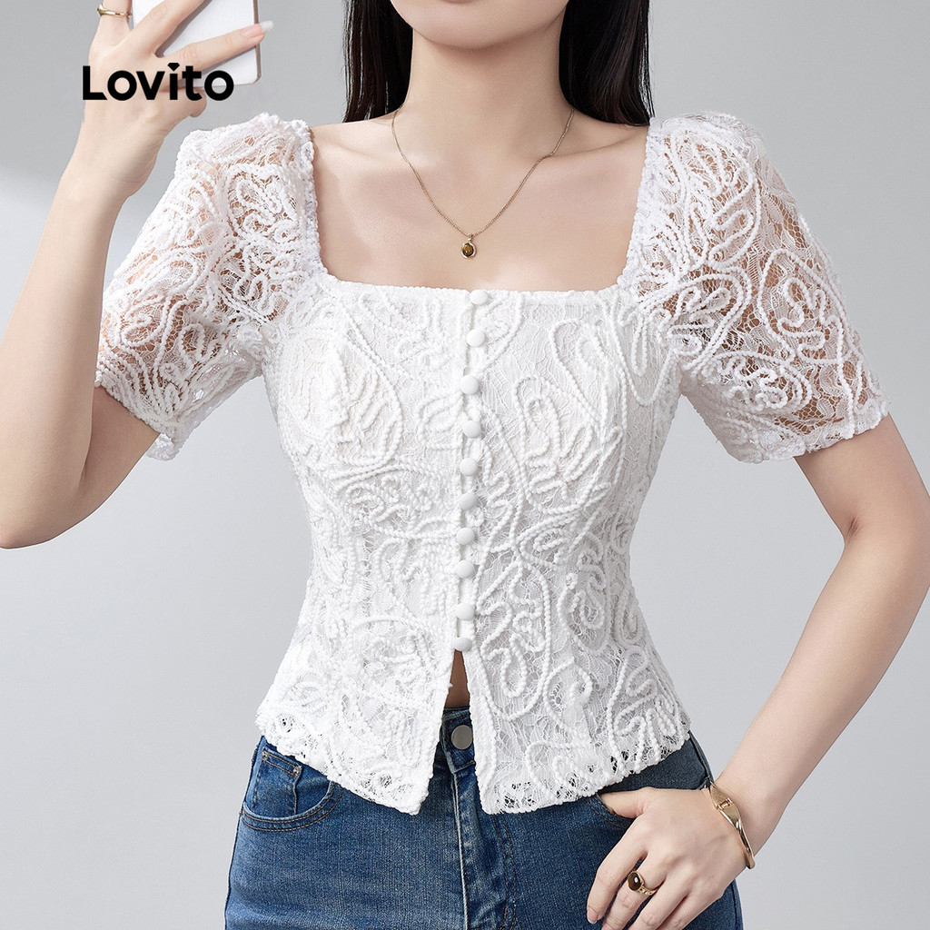 (trendy_2)(Elegante)Lovito Blusa Peplum Branca Elegante Com Mangas Bufantes Em Renda Transparente Decote Quadrado E Bordado Coreano Com Botões Para O Dia a Dia Na Primavera/verão Para Mulheres Bordado
