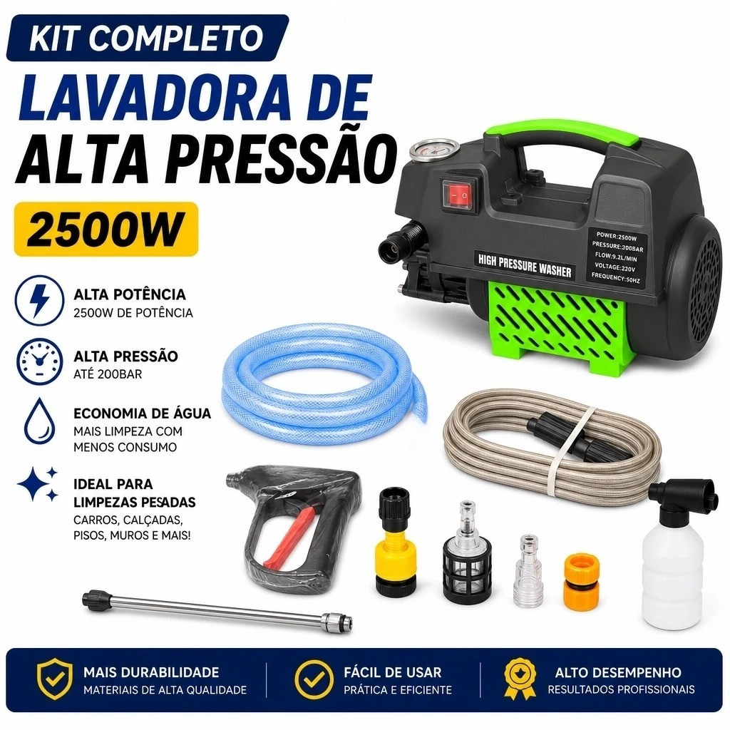 Lavadora De Alta Pressão 2500W 200BAR Portátil Kit Completo Pistola Mangueira Lavagem Carro Quintal